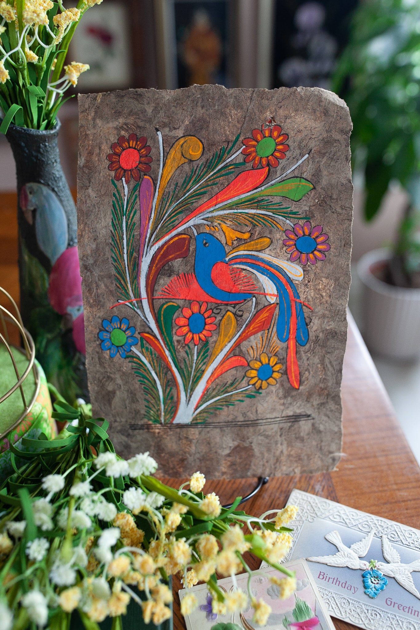 Folk Art Bird- Bark Cloth Painting -Bird Artwork