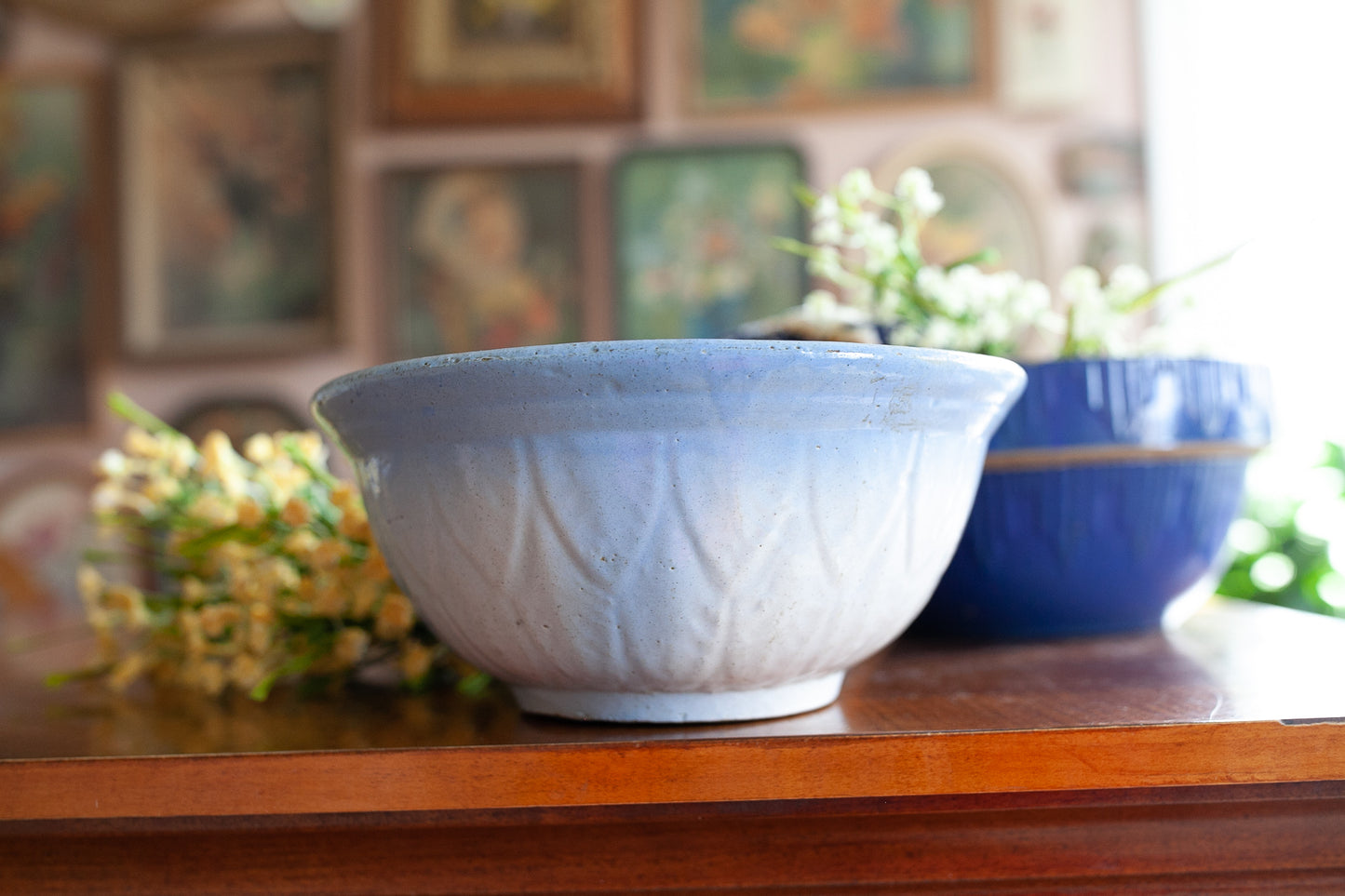Vintage Bowl - Blue and White Bowl- Blue and White Stoneware Bowl with Feather Pattern