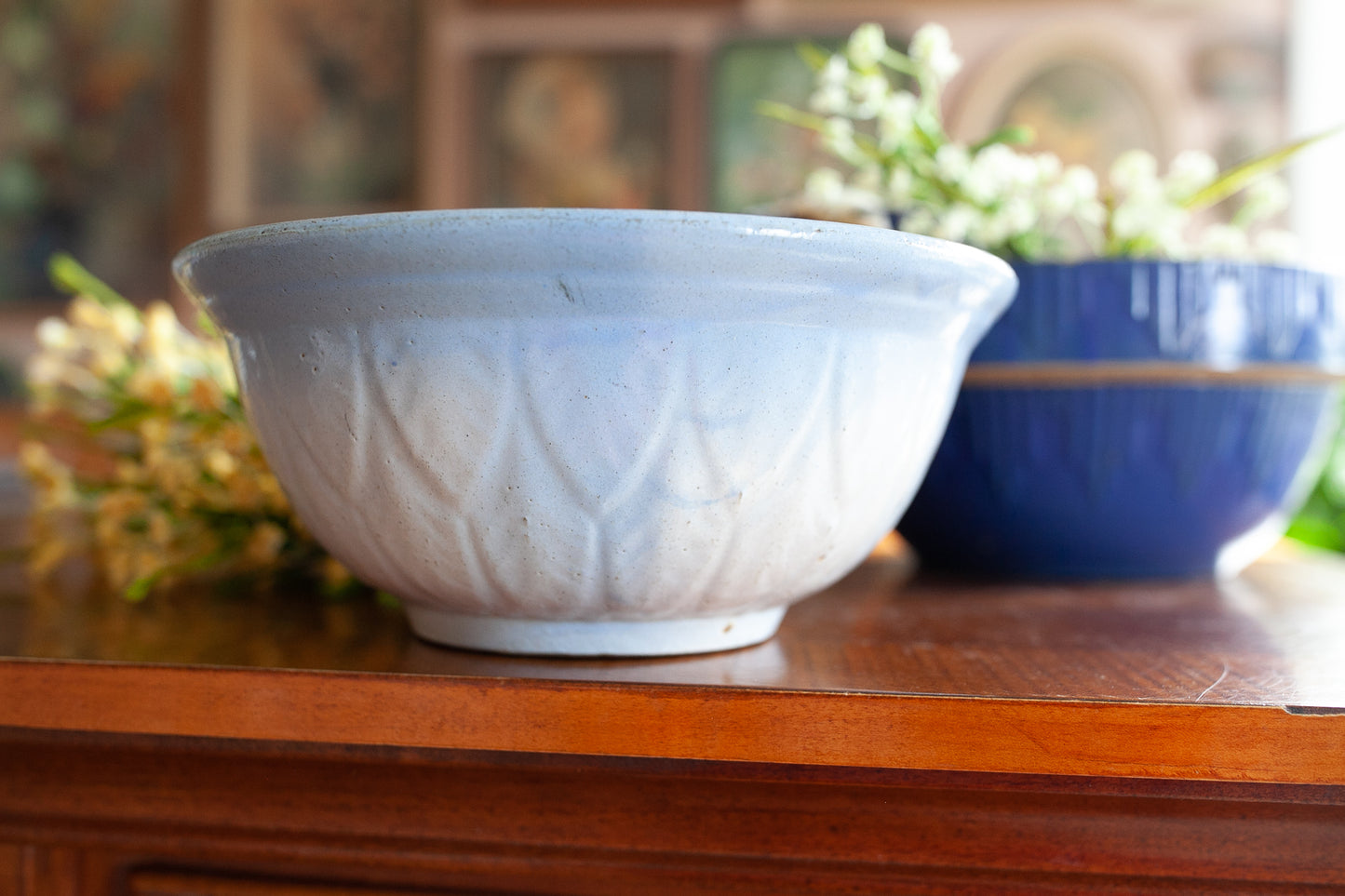 Vintage Bowl - Blue and White Bowl- Blue and White Stoneware Bowl with Feather Pattern