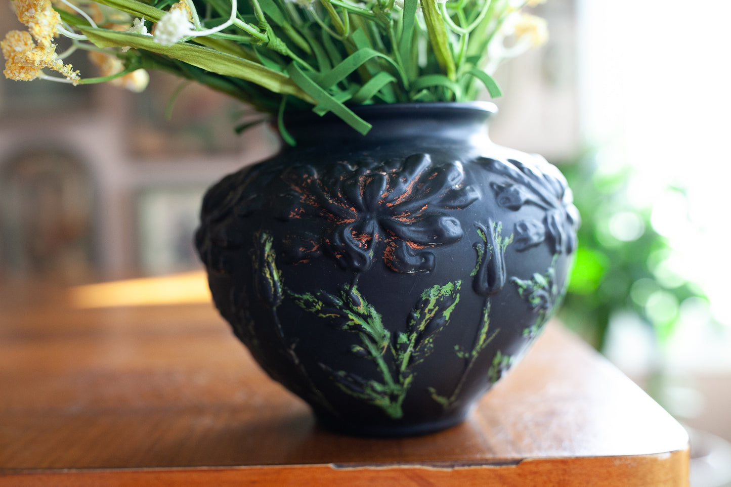 Vintage Tiffin Glass Vase, Black Satin Glass w Chrysanthemums, Art Deco 1930s Vase, Tiffin Black Glass Flowers Vase