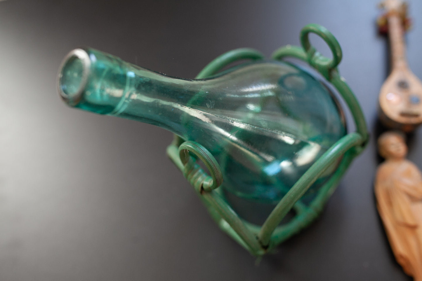 Vintage Aqua Blue Round Bottom Glass Bottle  with Holder