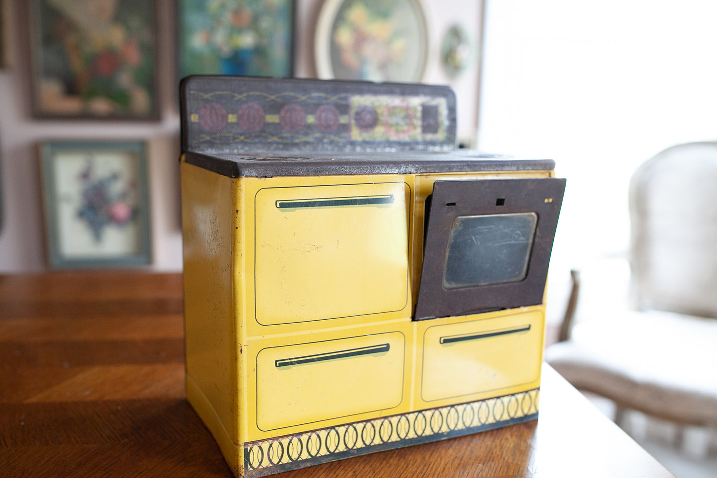 Vintage Toy Oven- Metal Kitchen- Metal Oven Yellow