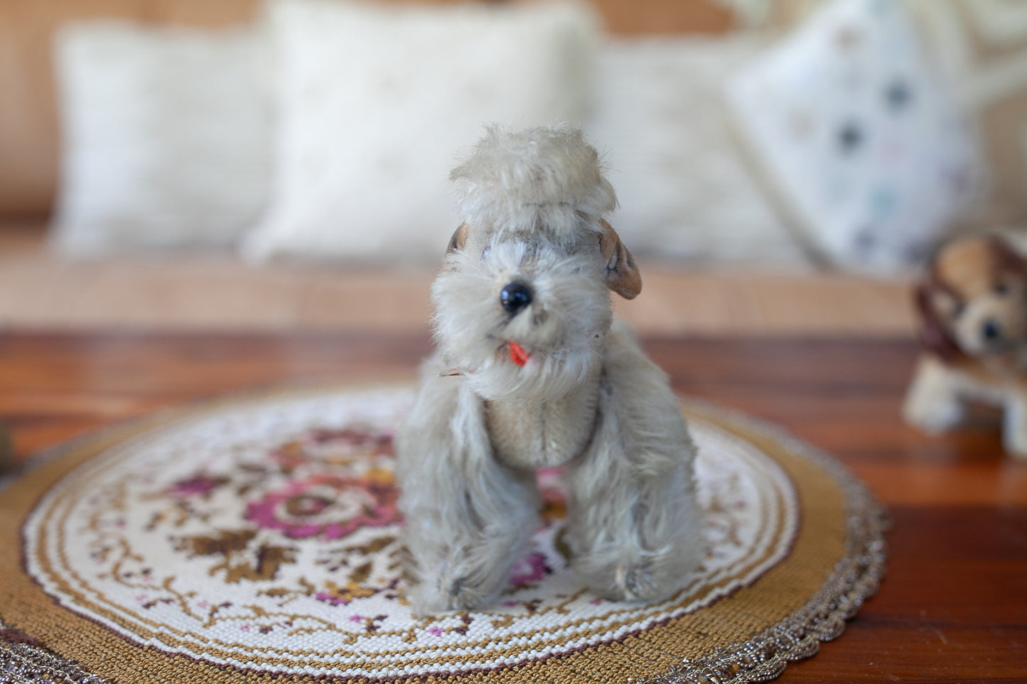 Vintage 1950s Steiff Mohair Miniature Gray Snobby Poodle Dog Name Tag Button