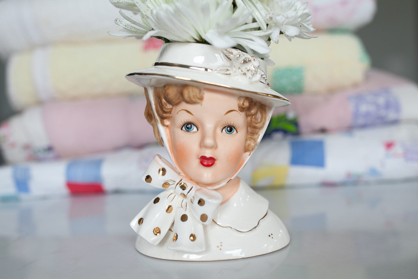 Vintage lady head vase- Head Vase - Hat Head Vase - Ucagco Polka dot Bow
