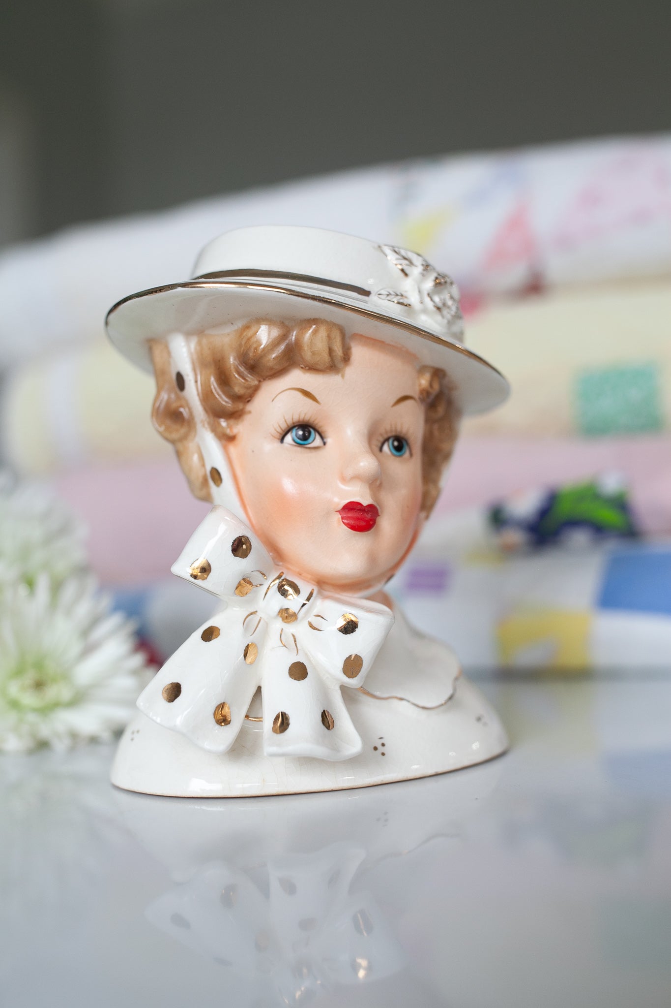 Vintage lady head vase- Head Vase - Hat Head Vase - Ucagco Polka dot Bow