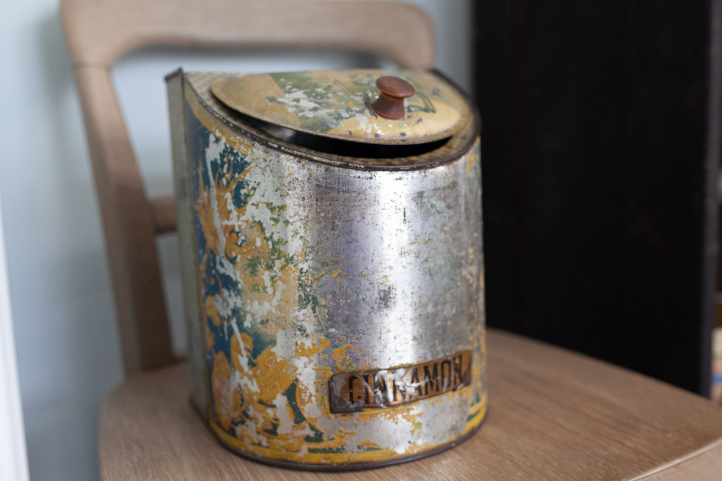 Antique Tin- Antique Cinnamon Tin with Hinged Lid- Tin General Store Spice Box