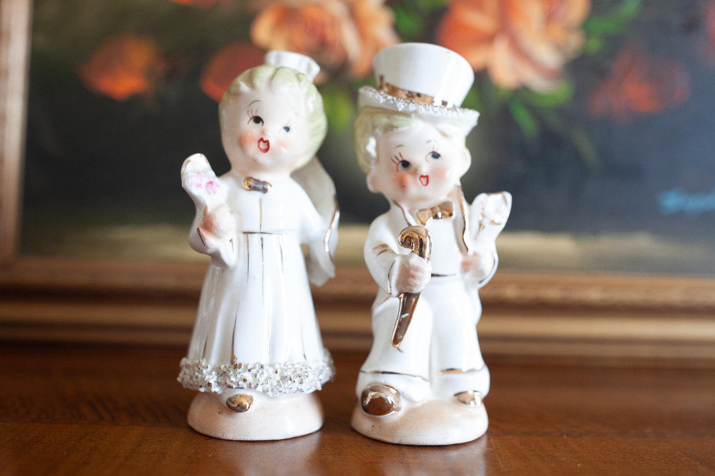 Vintage Bride and Groom Salt and Pepper Shaker- Cake Topper - Vintage Wedding