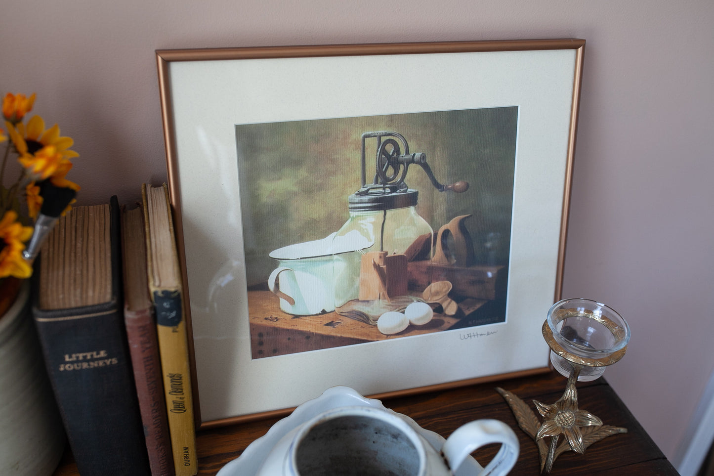 Vintage Artwork - Coffee Grinder Enamelware and wooden utensils- Kitchen Artwork Signed