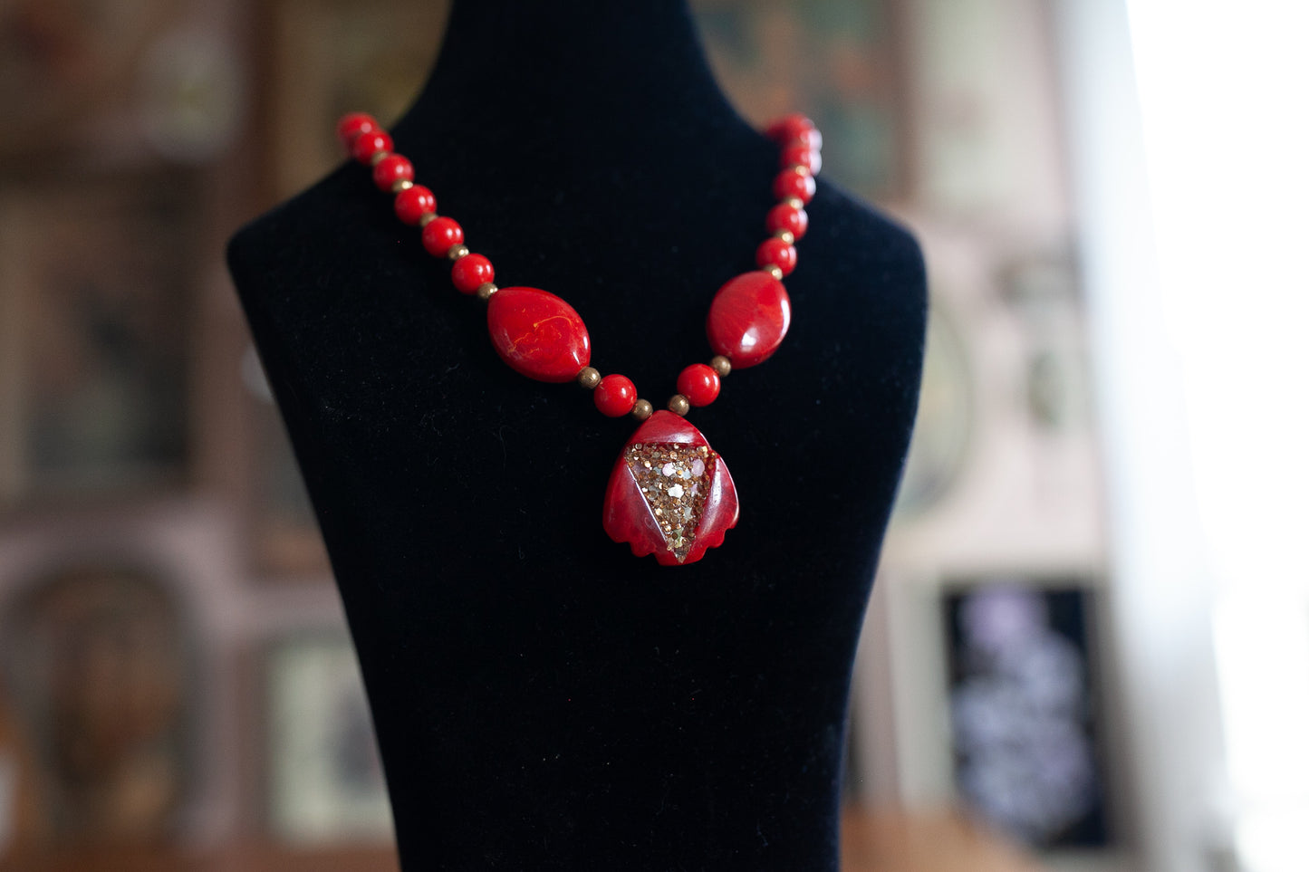 Vintage Costume Jewelry - Red Beaded Necklace