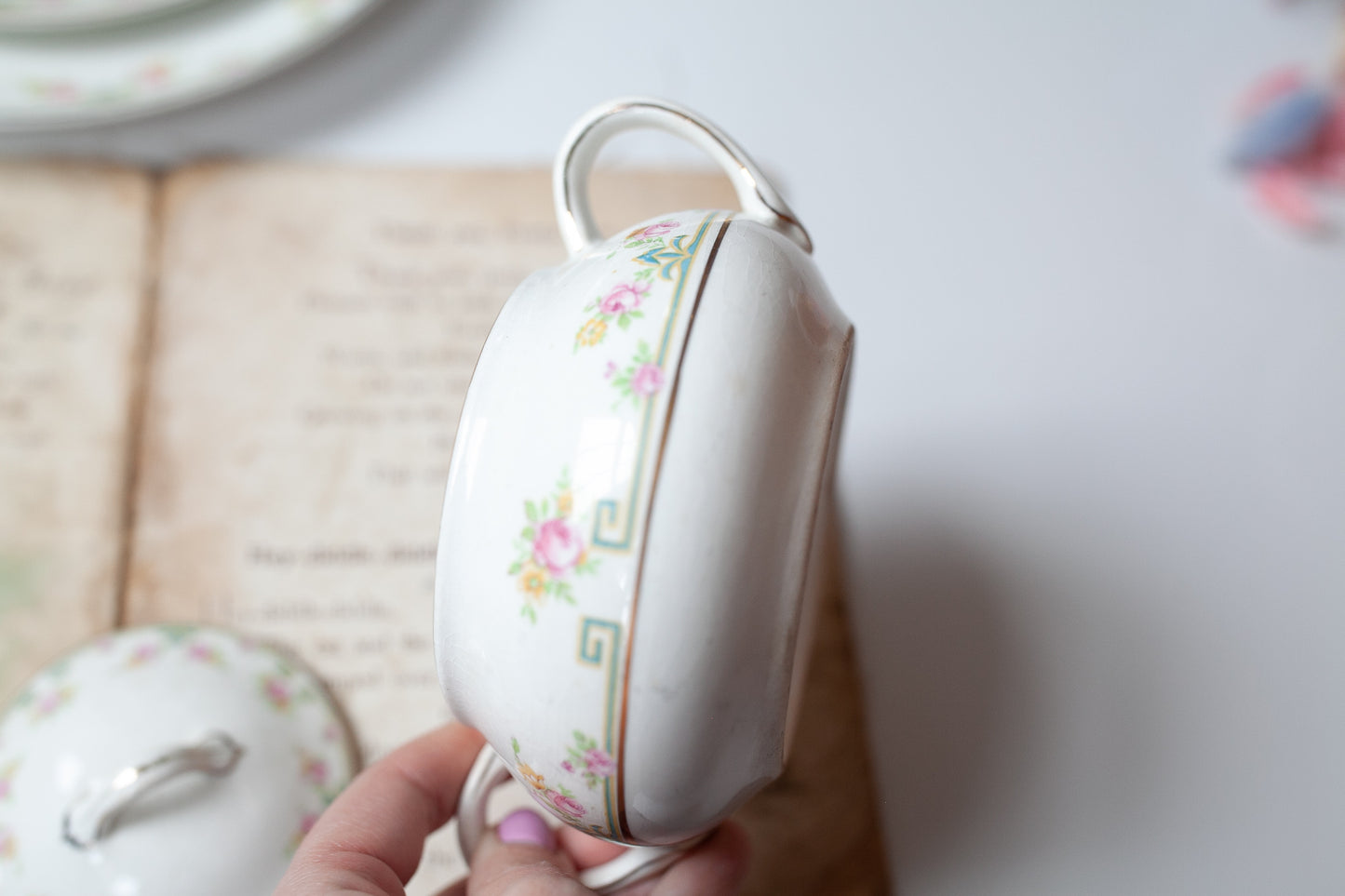 Antique Sugar Bowl - Floral Sugar Bowl- Porcelain Sugar Bowl