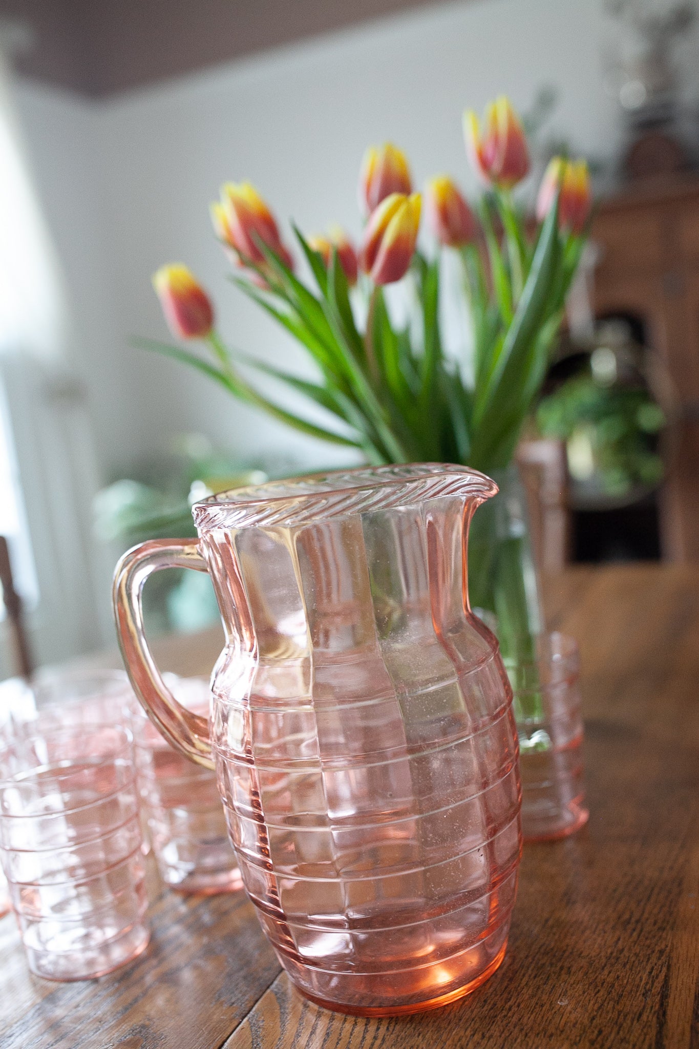 Pink Depression Glass Pitcher - Block Optic Pink Pitcher Rope Edge