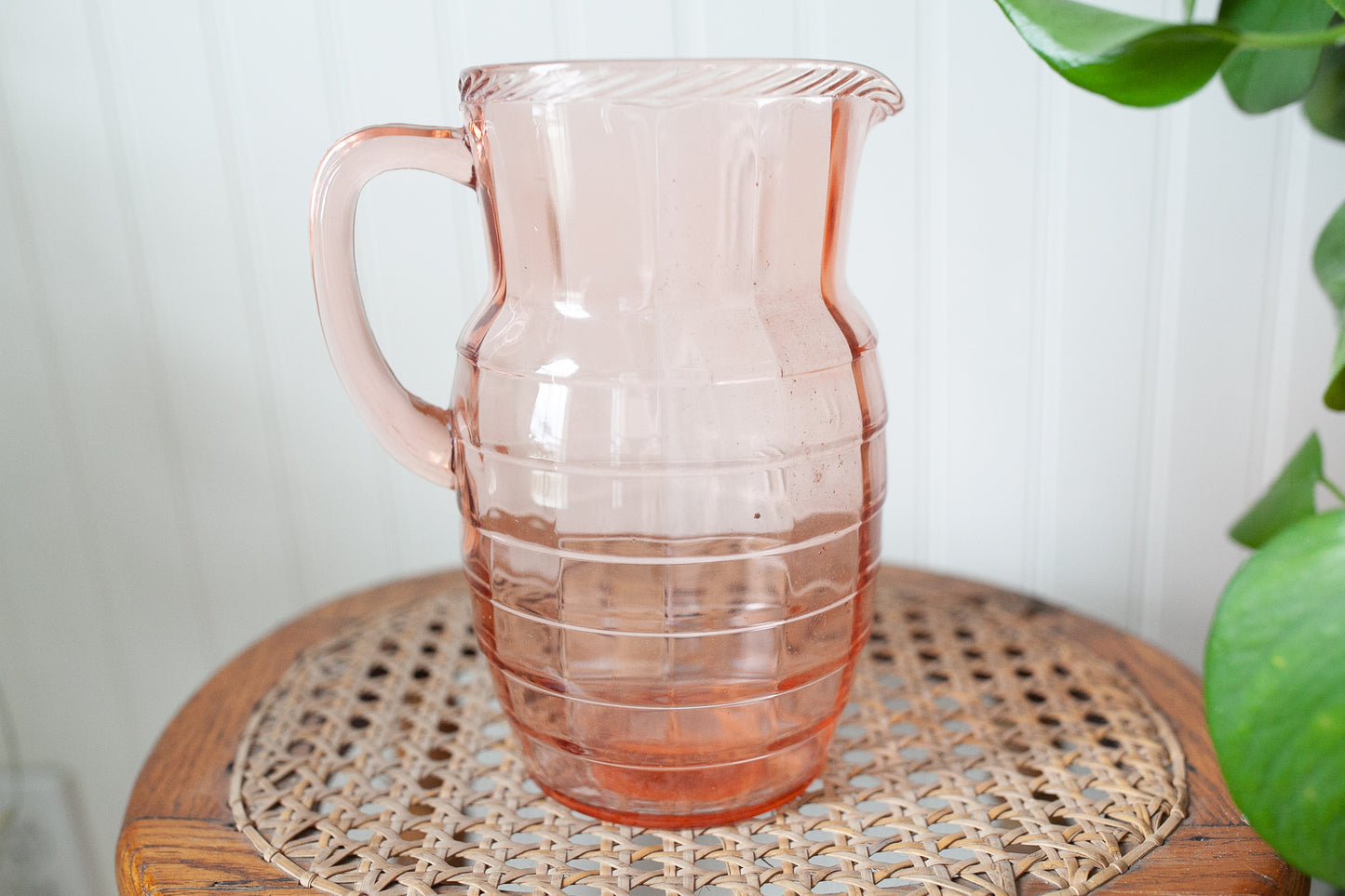 Pink Depression Glass Pitcher - Block Optic Pink Pitcher Rope Edge