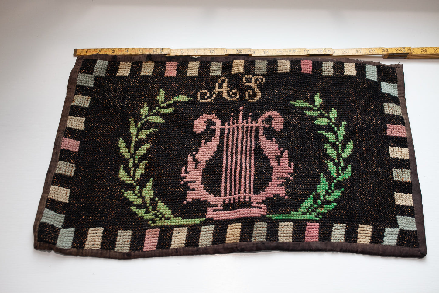 Antique Wool Needlepoint - Needlepoint Rug- Small Accent Rug-Harp