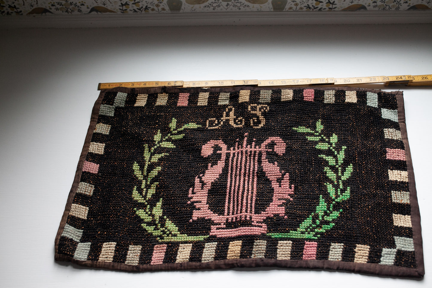 Antique Wool Needlepoint - Needlepoint Rug- Small Accent Rug-Harp