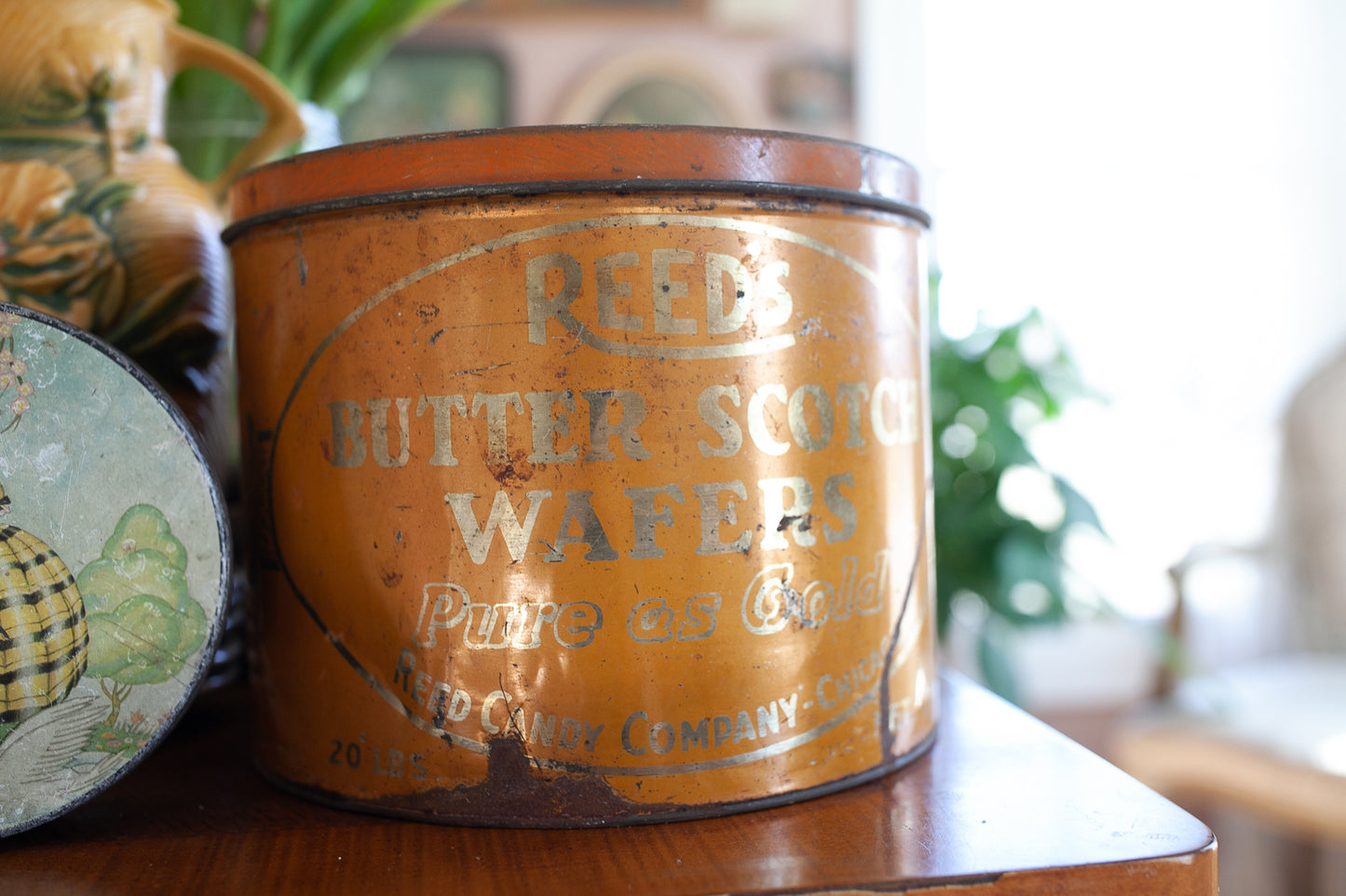 Vintage General Store Reed’s Butter Scotch Wafers Tin Chicago 20lbs  -Advertising Tin