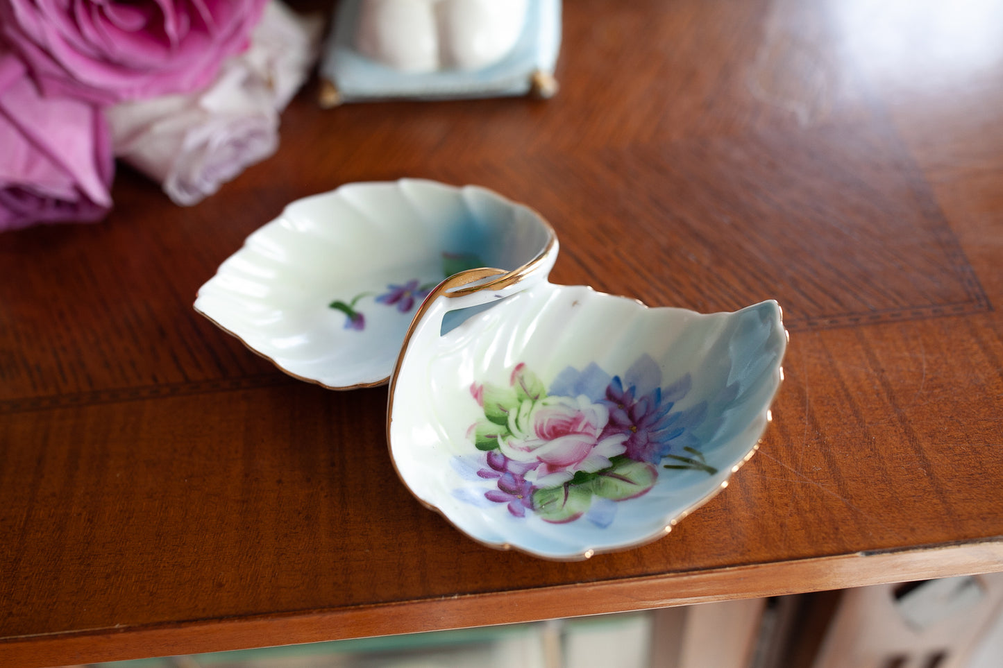 Vintage Lefton Hand Painted Rose Flowers Leaf Shaped Trinket Dish