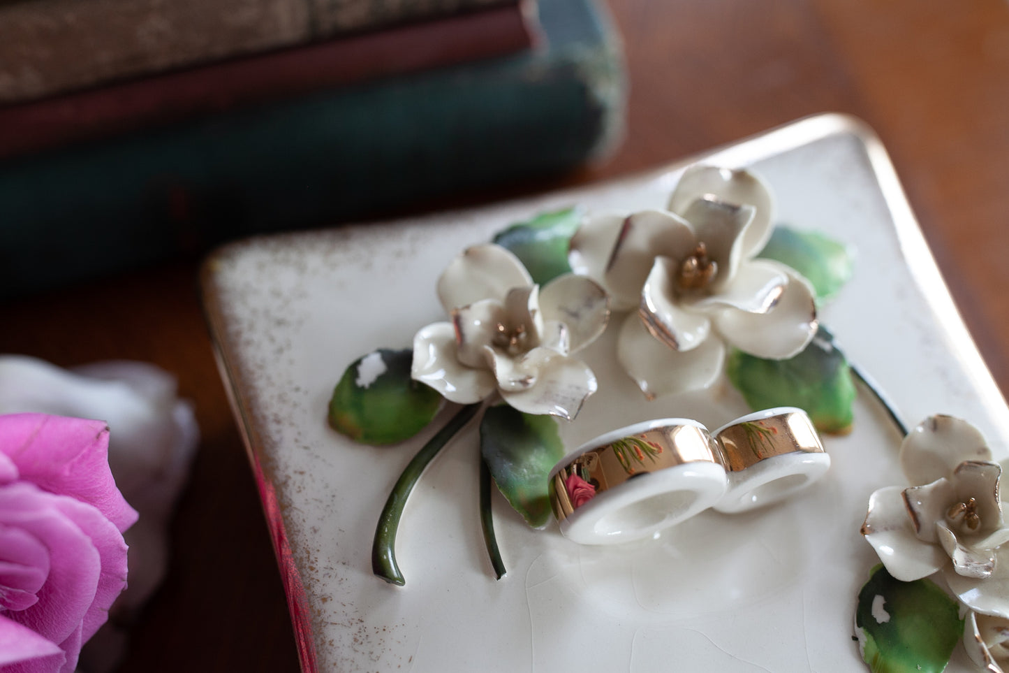 Vintage Lefton Trinket Box - Wedding Ring Dish - Flower Box