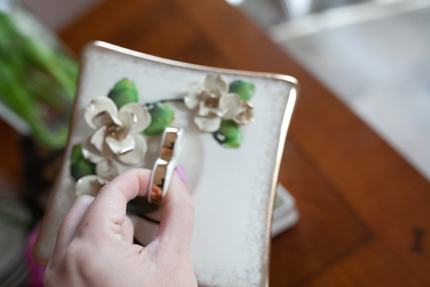 Vintage Lefton Trinket Box - Wedding Ring Dish - Flower Box