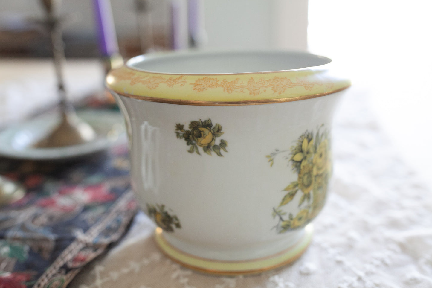 Vintage Planter - Yellow Flower Planter- Isco Japan Yellow Roses Cachepot Hand Painted