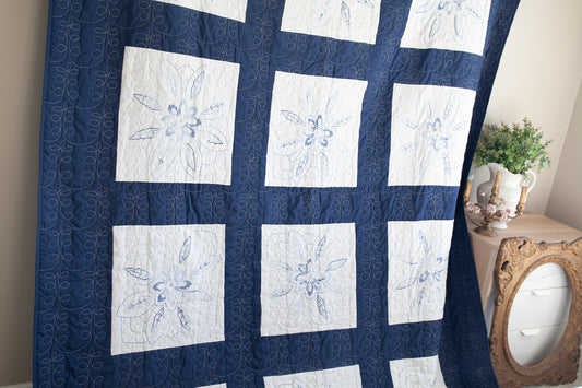 Vintage Quilt- Blue and White Cross Stitch Floral Quilt