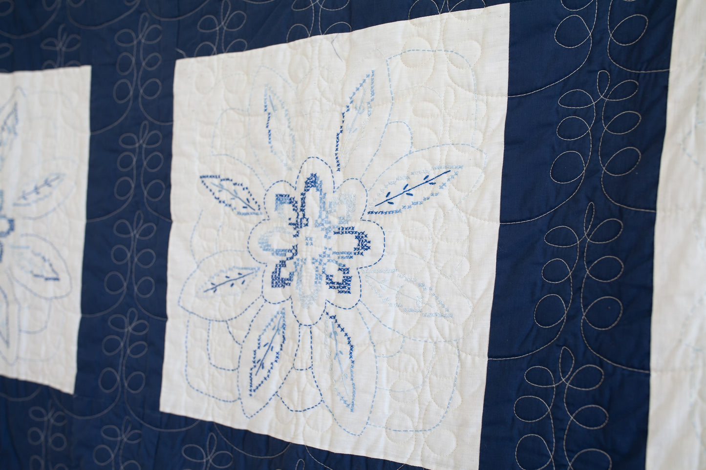 Vintage Quilt- Blue and White Cross Stitch Floral Quilt