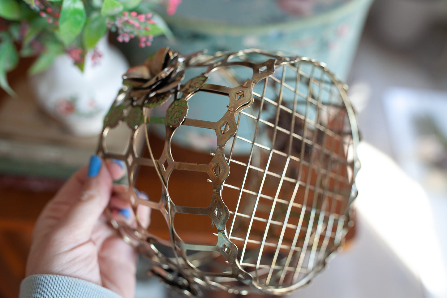 Vintage Mid Century Wire Metal Basket With Raised Flowers on the Sides- Metal Bowl