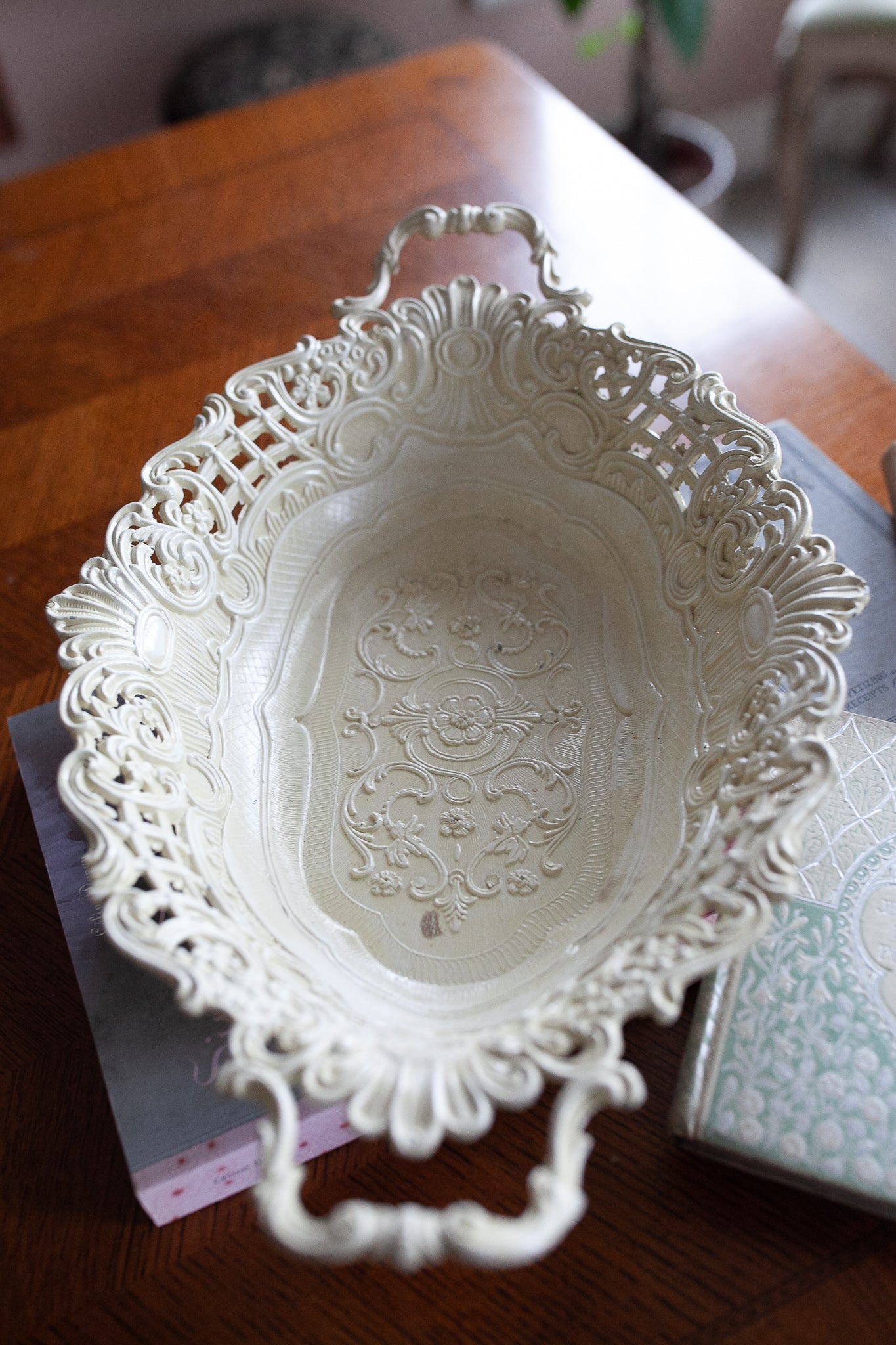 Vintage Bowl - Off White Reticulated Cast Iron Floral Bowl -Handled Bowl Made in Italy