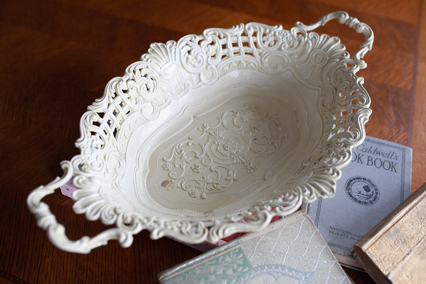 Vintage Bowl - Off White Reticulated Cast Iron Floral Bowl -Handled Bowl Made in Italy