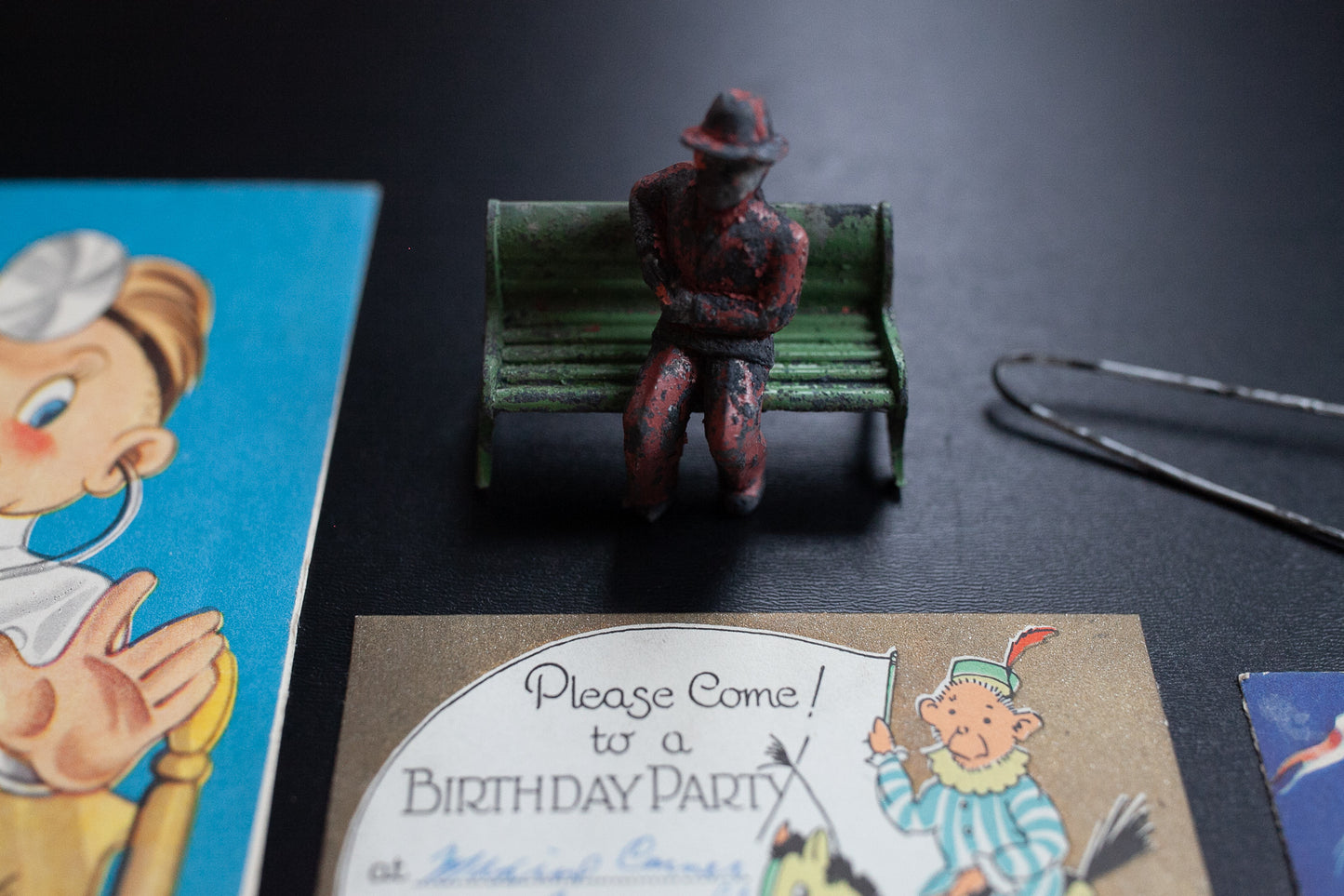 Vintage Metal Person and Bench- Miniature Man on a Bench