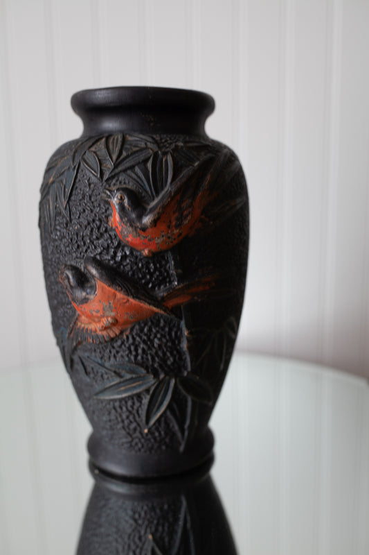 Vintage Black Vase with Birds- Orange And black Vase-Vintage Birds-Tokanabe Ware