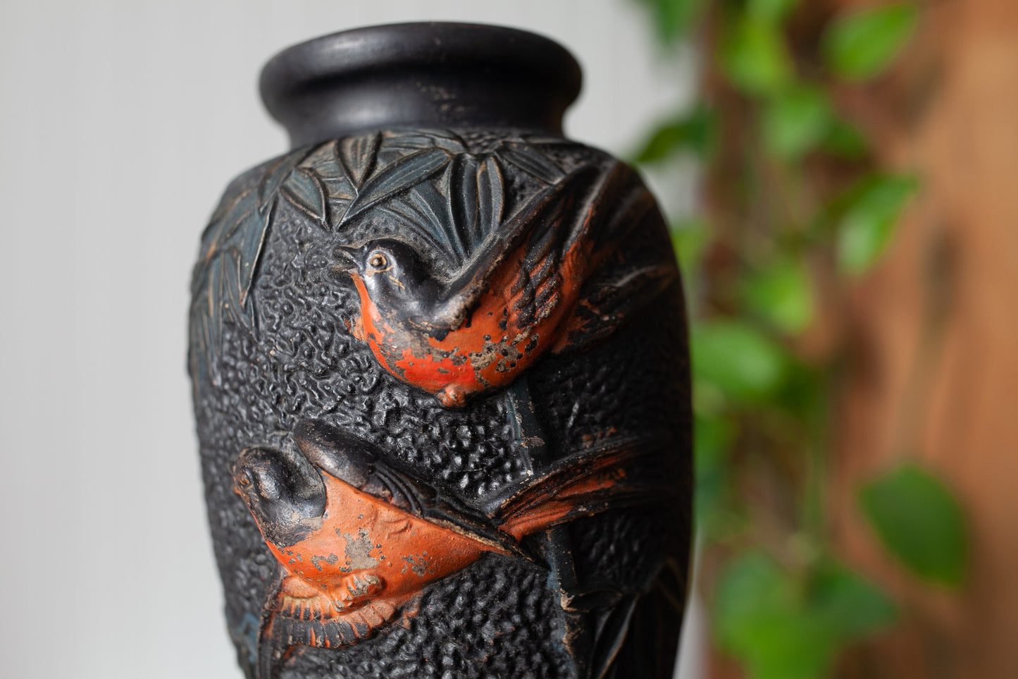 Vintage Black Vase with Birds- Orange And black Vase-Vintage Birds-Tokanabe Ware