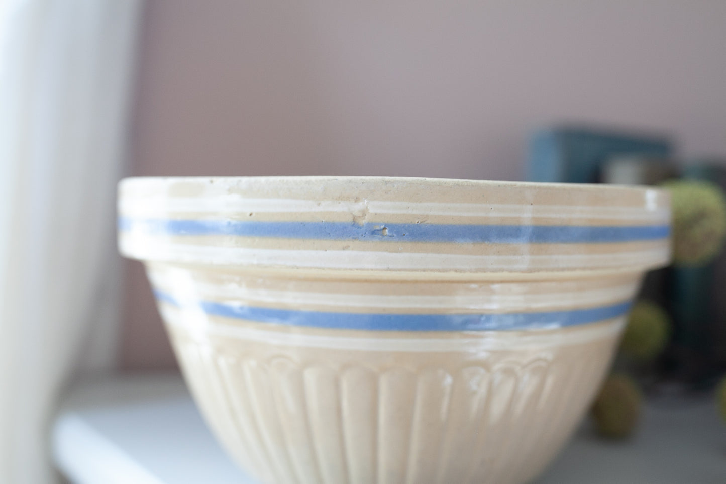 Vintage Yellow ware Bowl - Stoneware Bowl - Blue Banded Yellow Ware Bowl