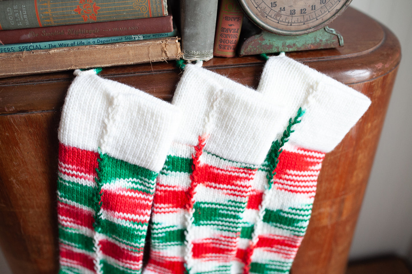 Vintage Stockings-Knit Stockings- set of 3- Red and Green