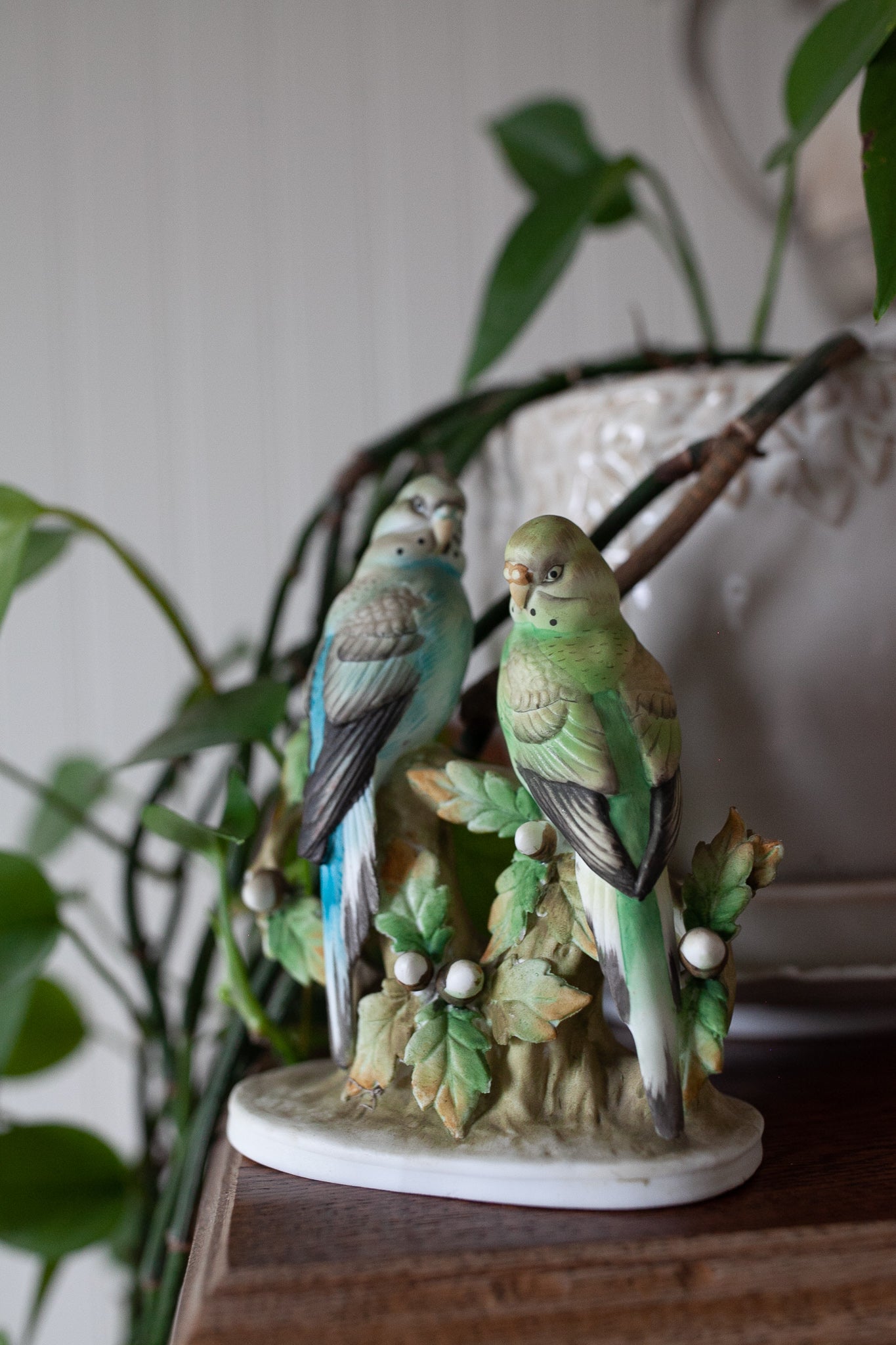 Vintage Lefton Birds - Hand painted Blue and Green Parakeet Pair KW467
