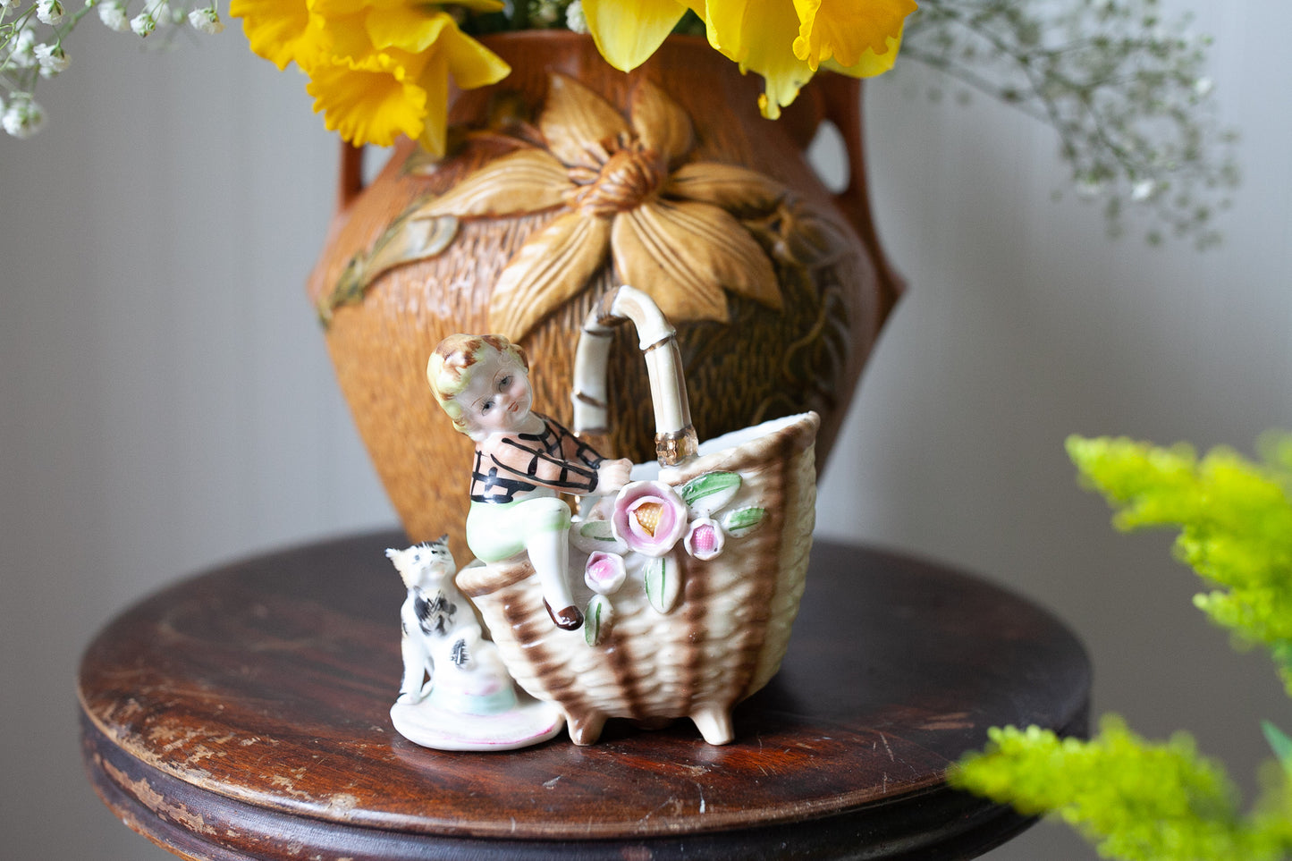 Vintage Cat and Child Figurine - Ucagco Basket with Flowers