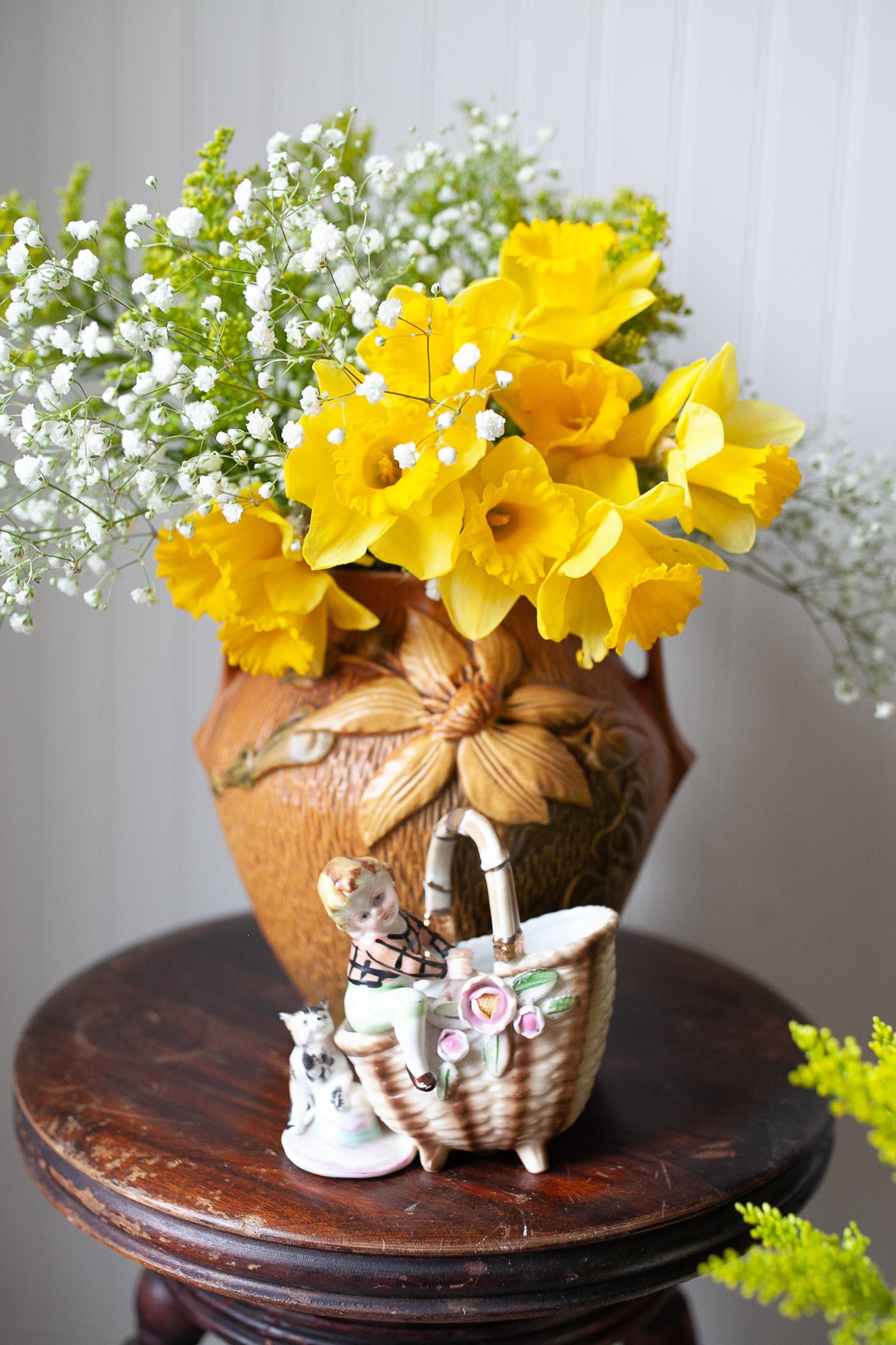 Vintage Cat and Child Figurine - Ucagco Basket with Flowers