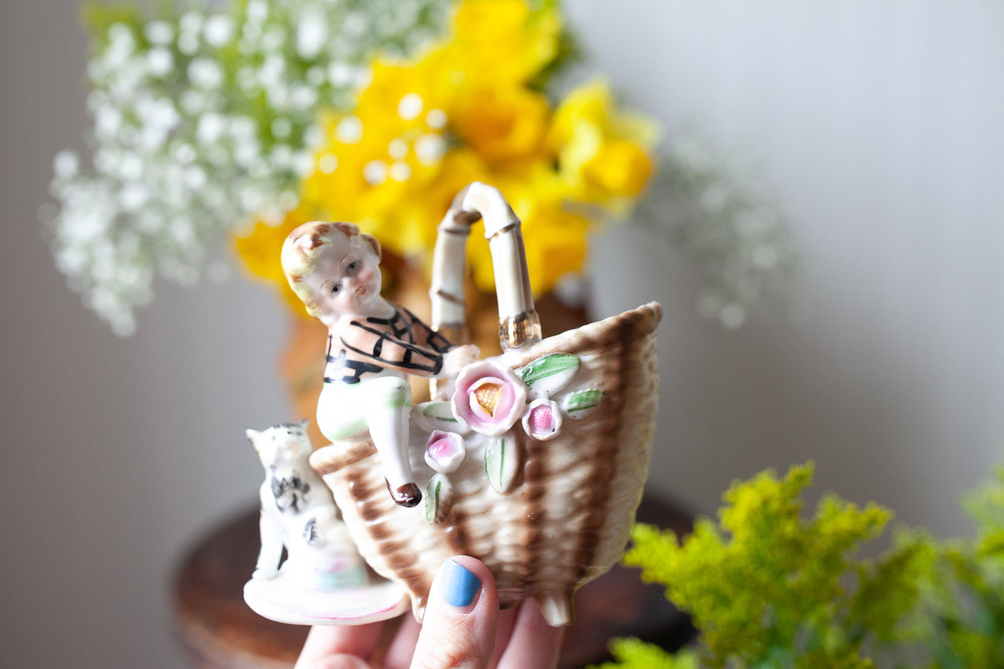 Vintage Cat and Child Figurine - Ucagco Basket with Flowers