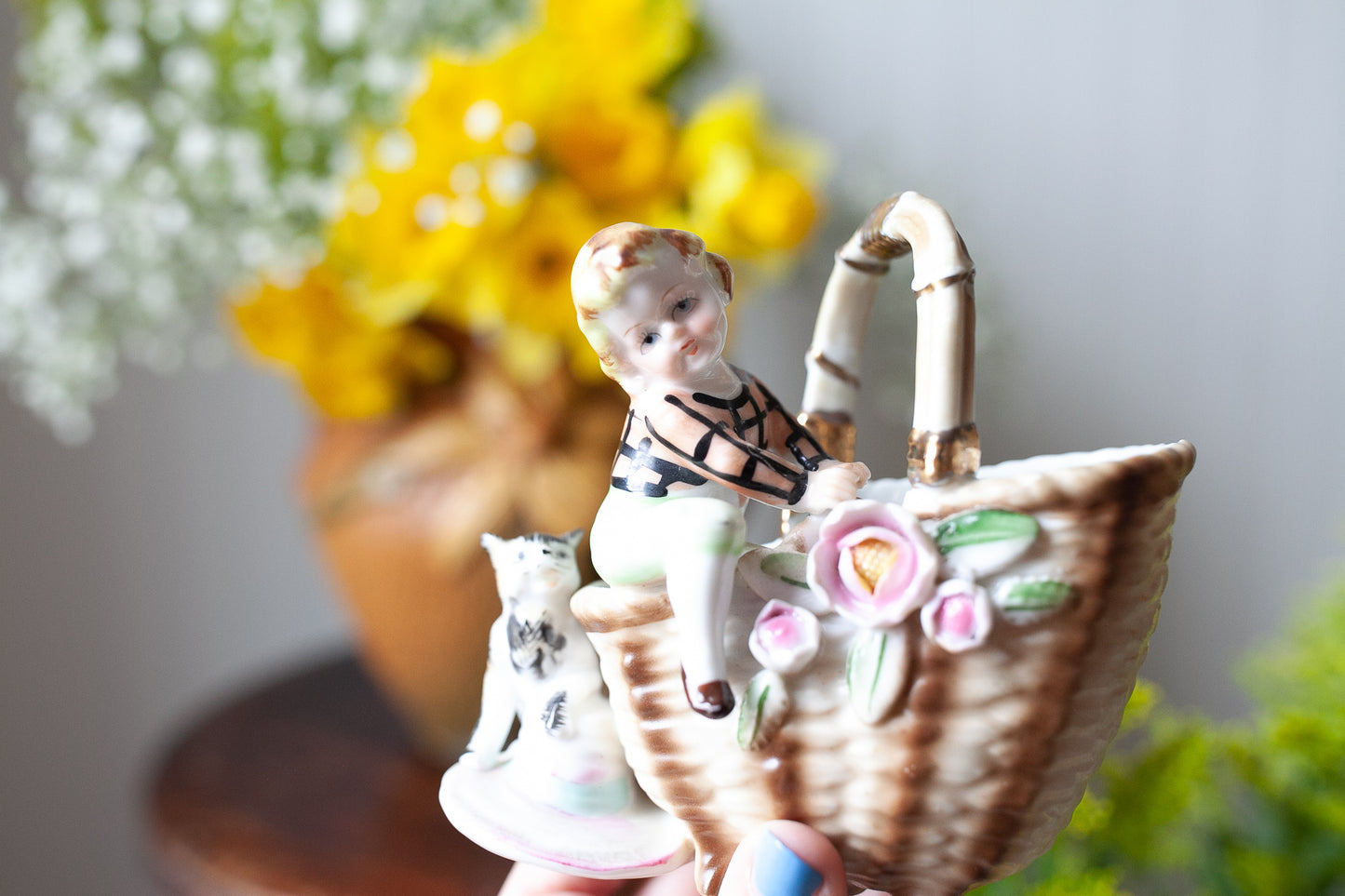 Vintage Cat and Child Figurine - Ucagco Basket with Flowers