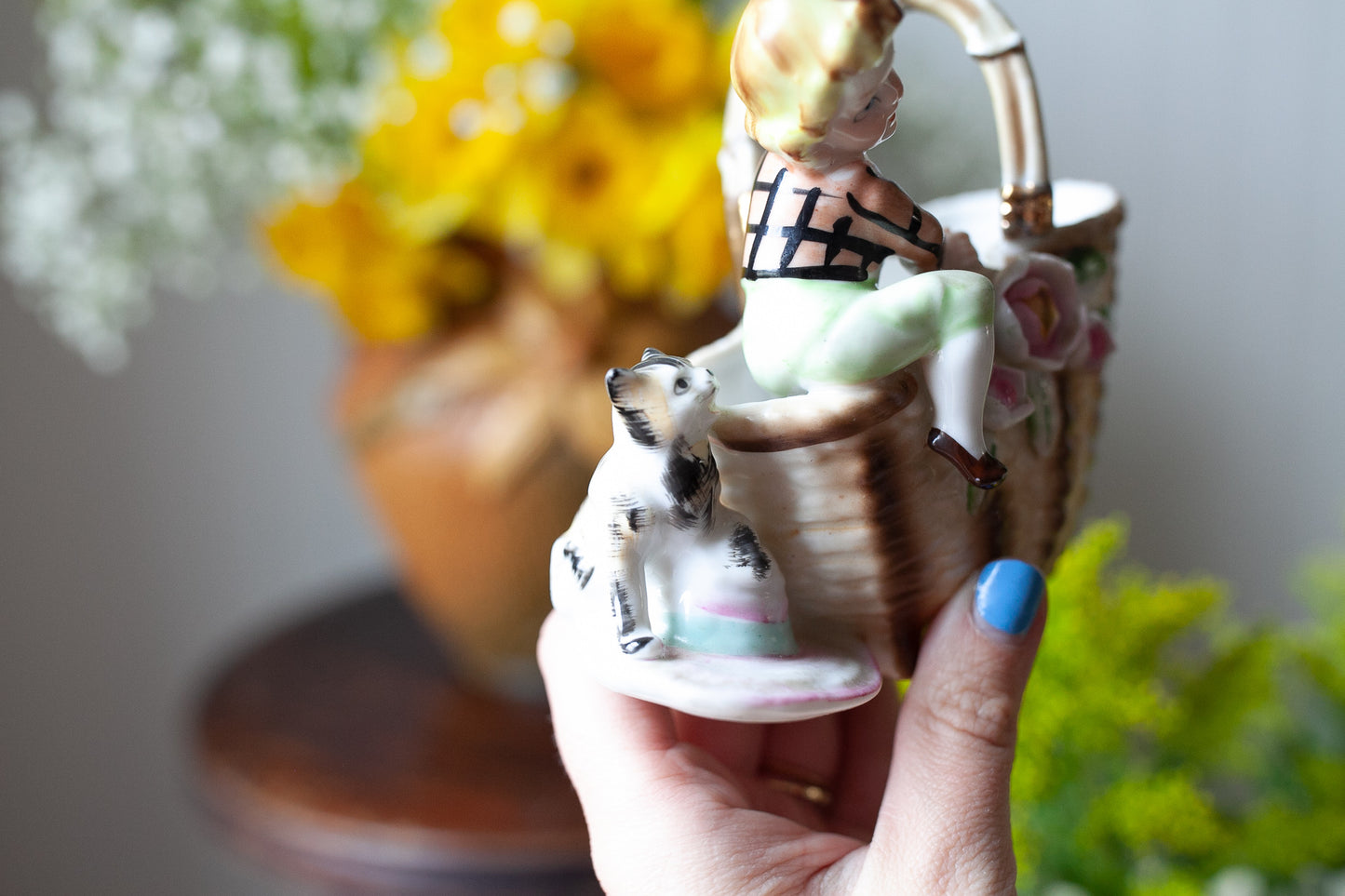 Vintage Cat and Child Figurine - Ucagco Basket with Flowers