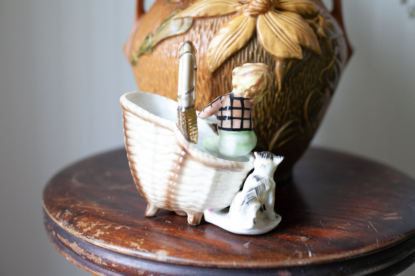 Vintage Cat and Child Figurine - Ucagco Basket with Flowers