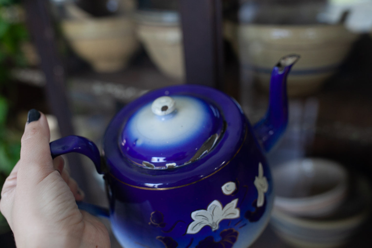 Antique Enamelware Teapot - Blue and White Teapot