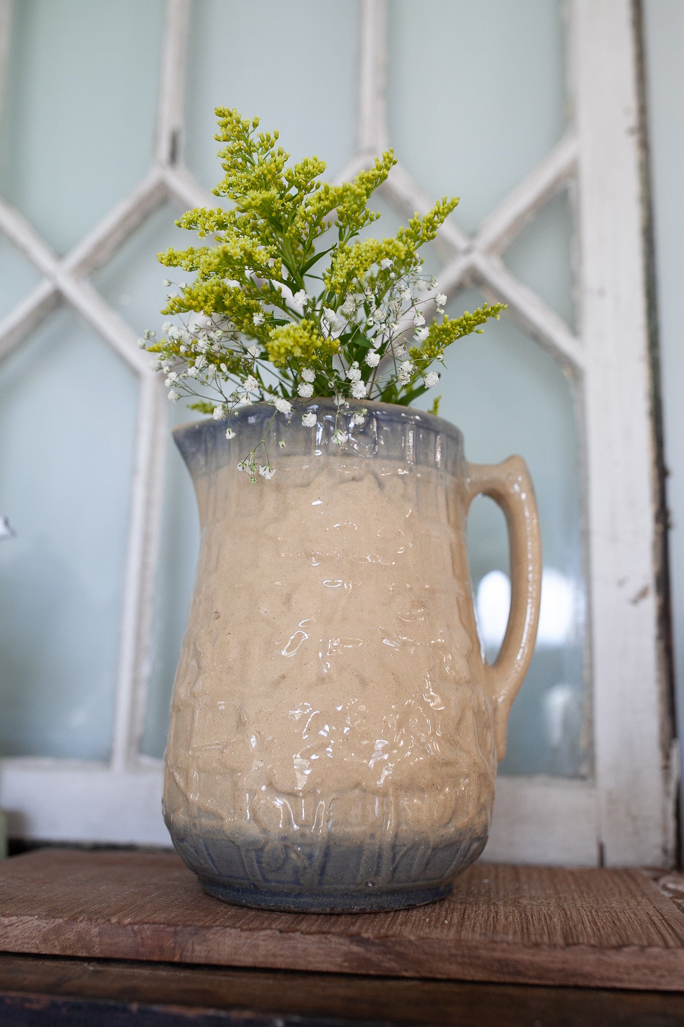 Antique Pitcher Stoneware- Blue and beige Trellis and Flower