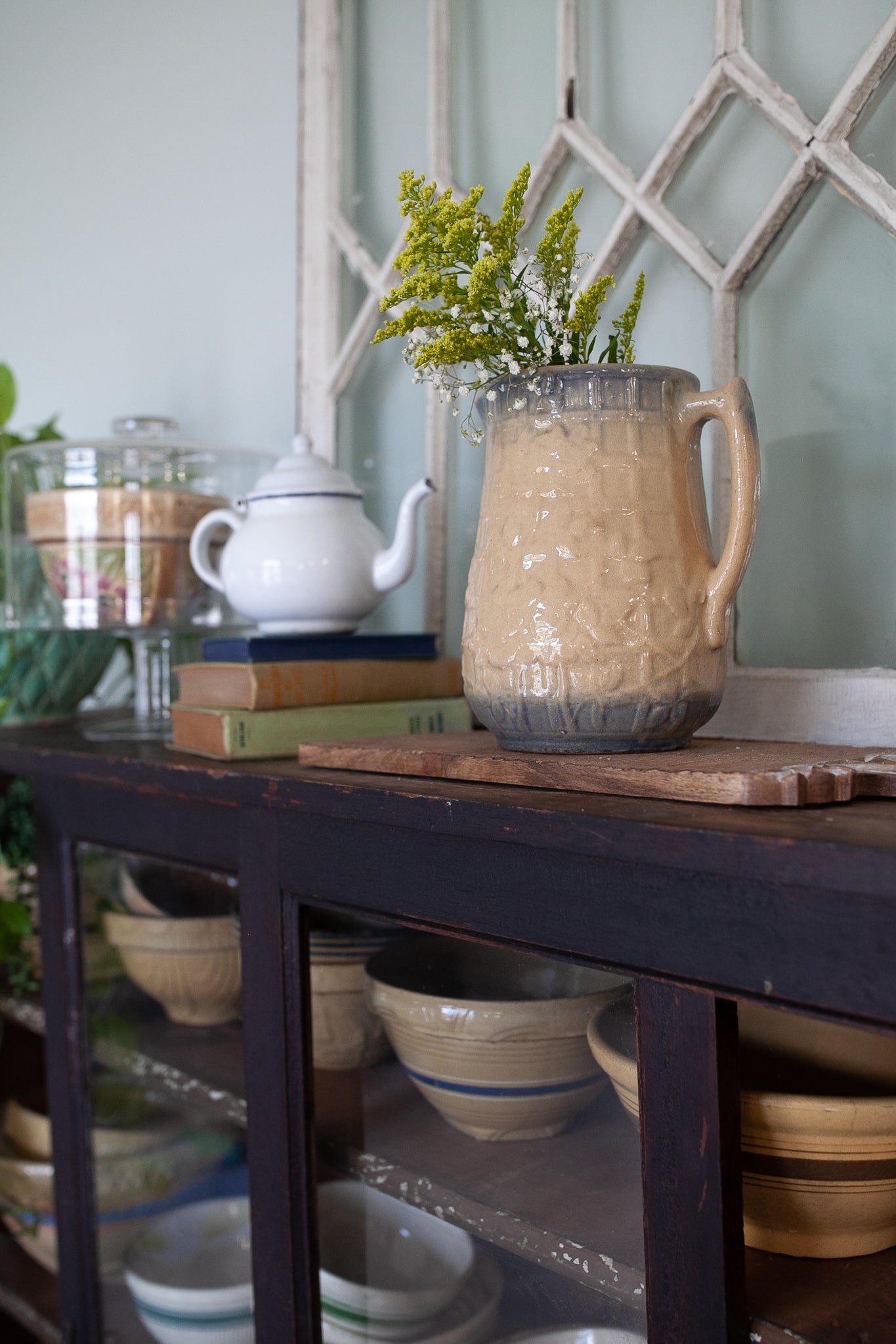 Antique Pitcher Stoneware- Blue and beige Trellis and Flower