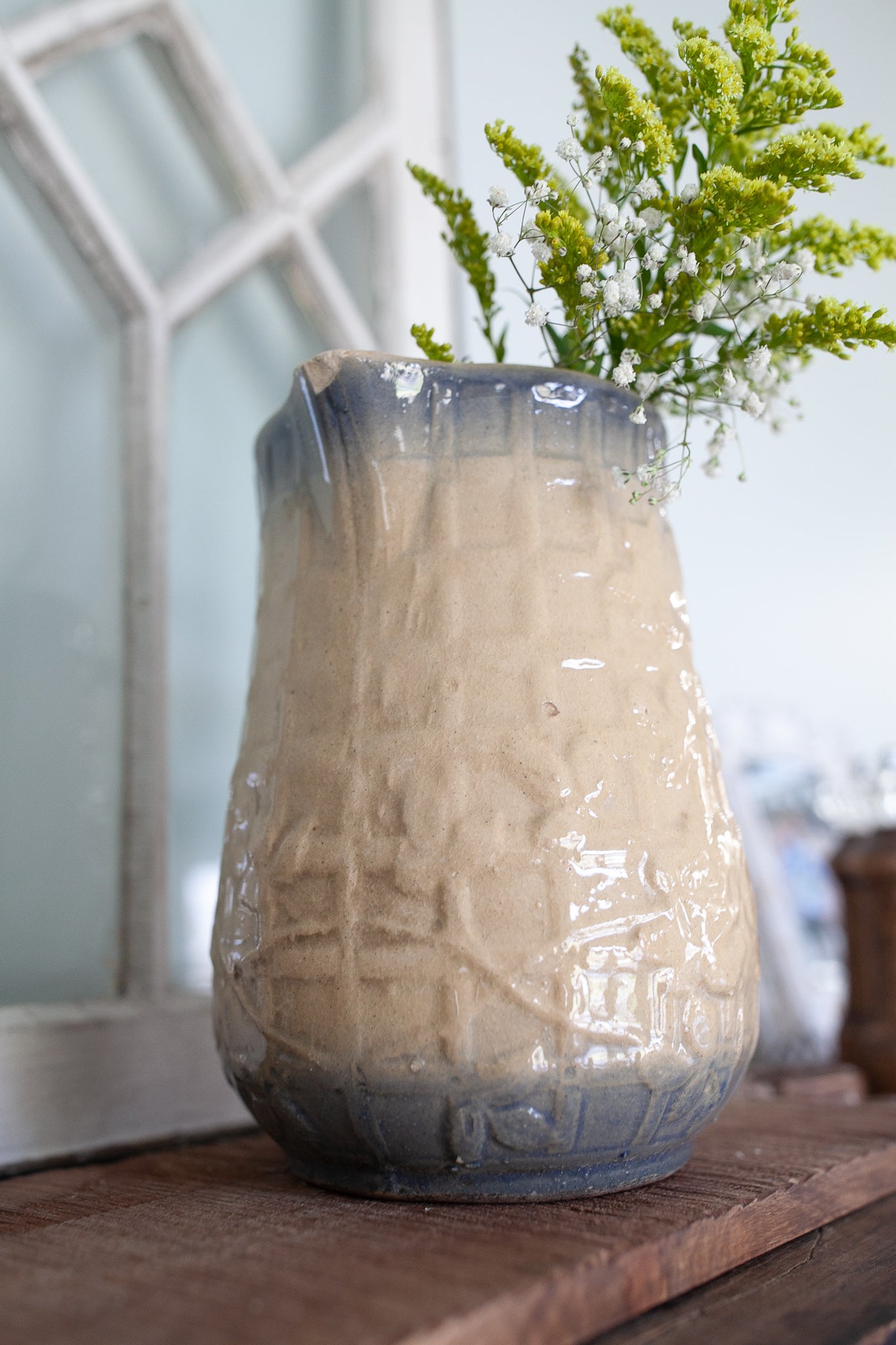 Antique Pitcher Stoneware- Blue and beige Trellis and Flower