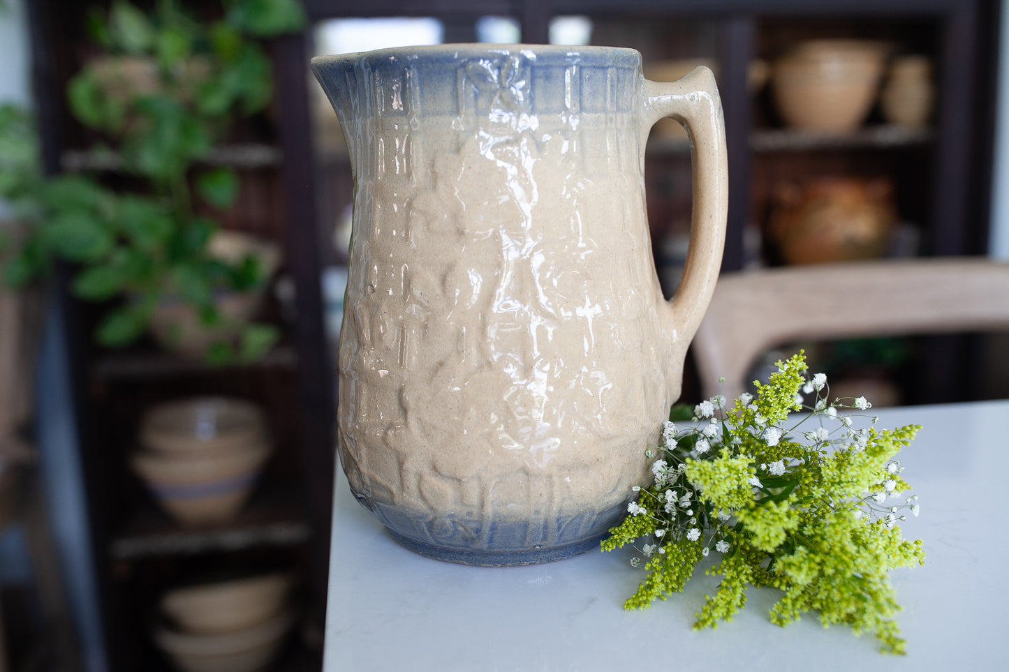 Antique Pitcher Stoneware- Blue and beige Trellis and Flower