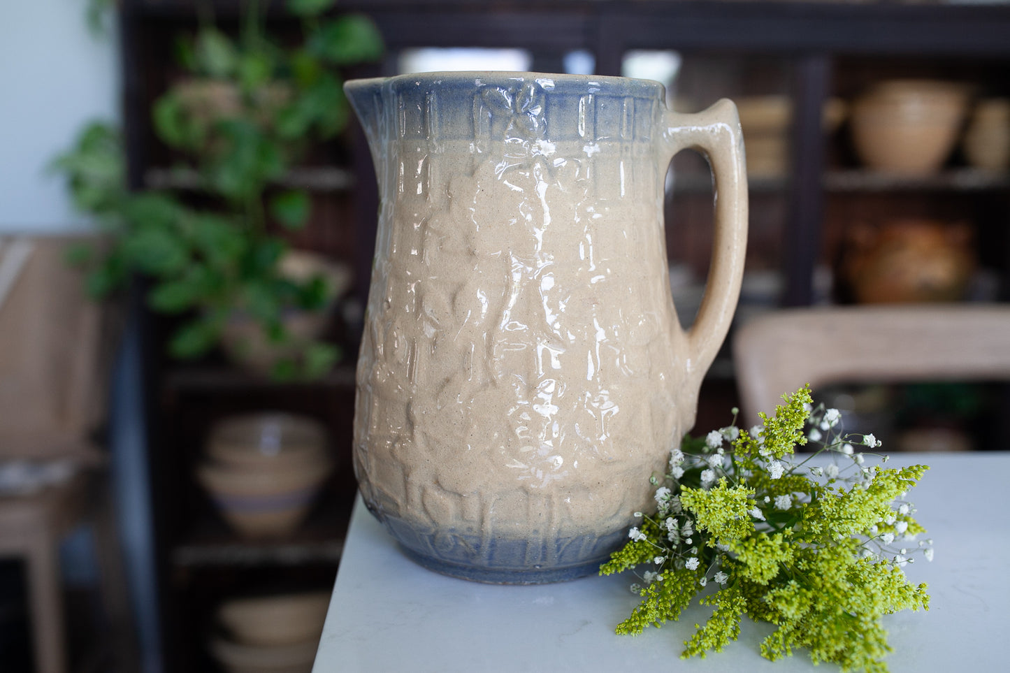 Antique Pitcher Stoneware- Blue and beige Trellis and Flower