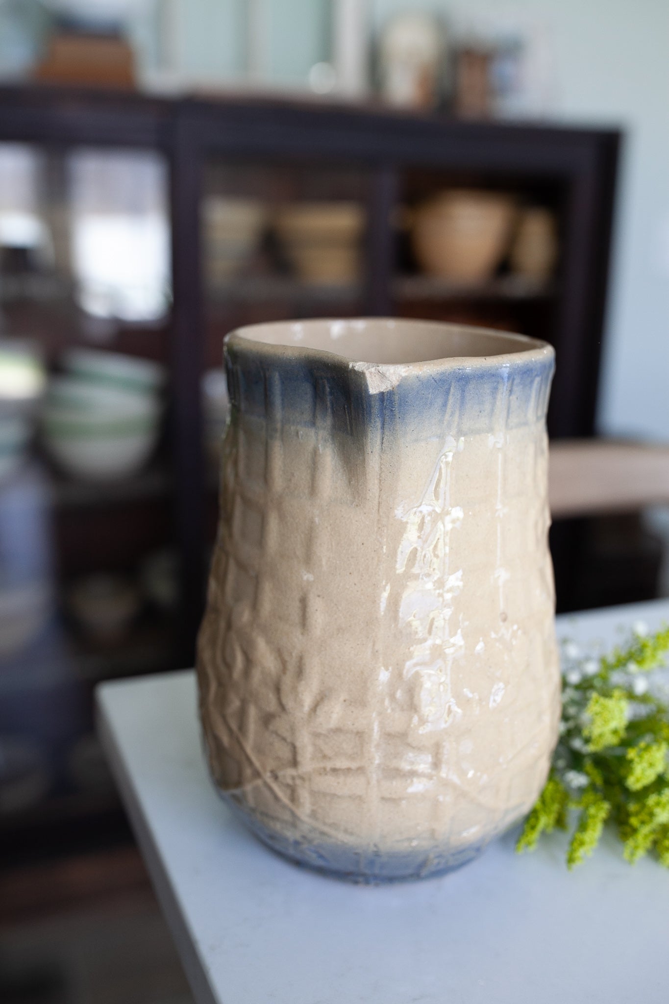 Antique Pitcher Stoneware- Blue and beige Trellis and Flower