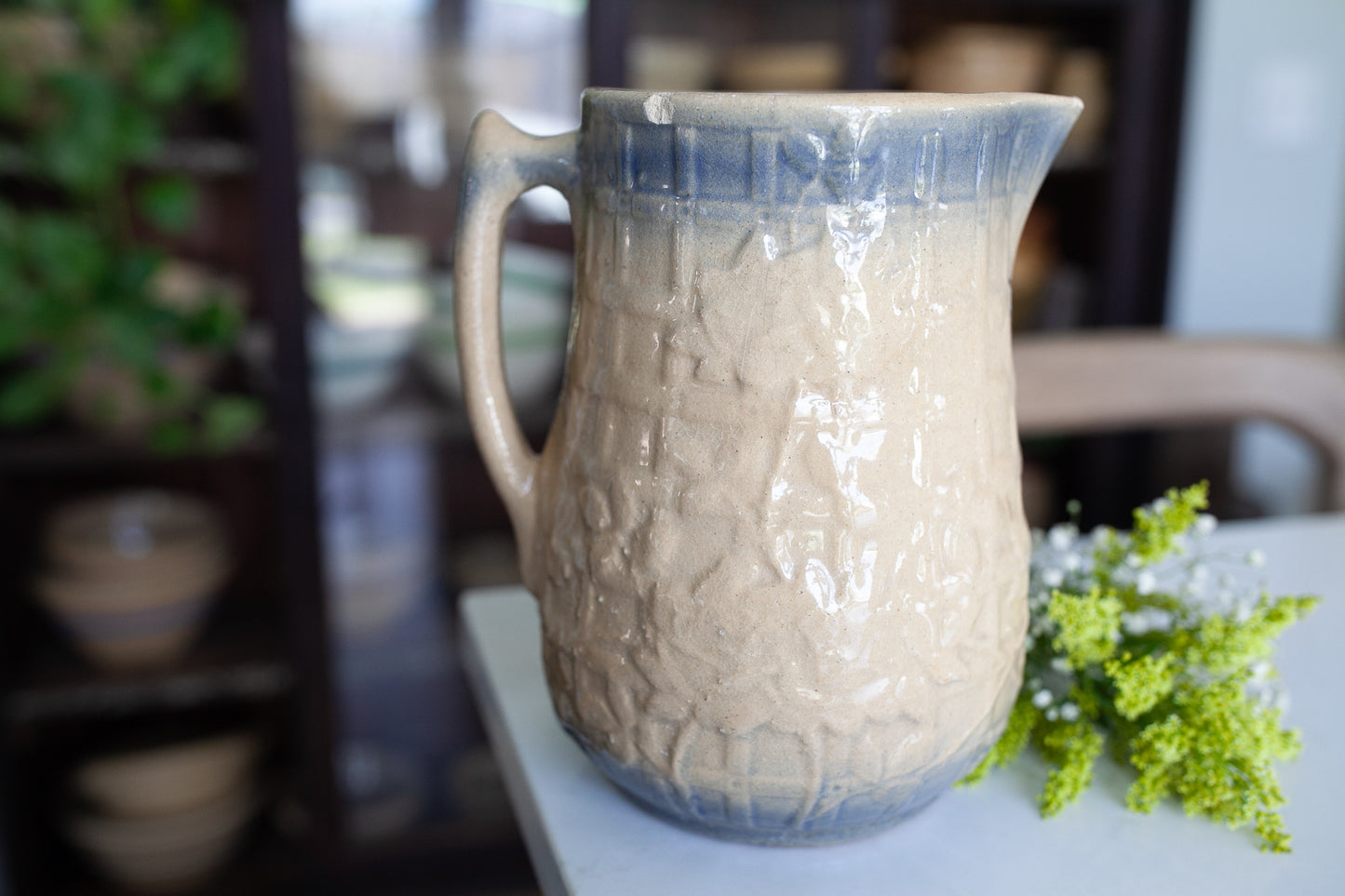 Antique Pitcher Stoneware- Blue and beige Trellis and Flower