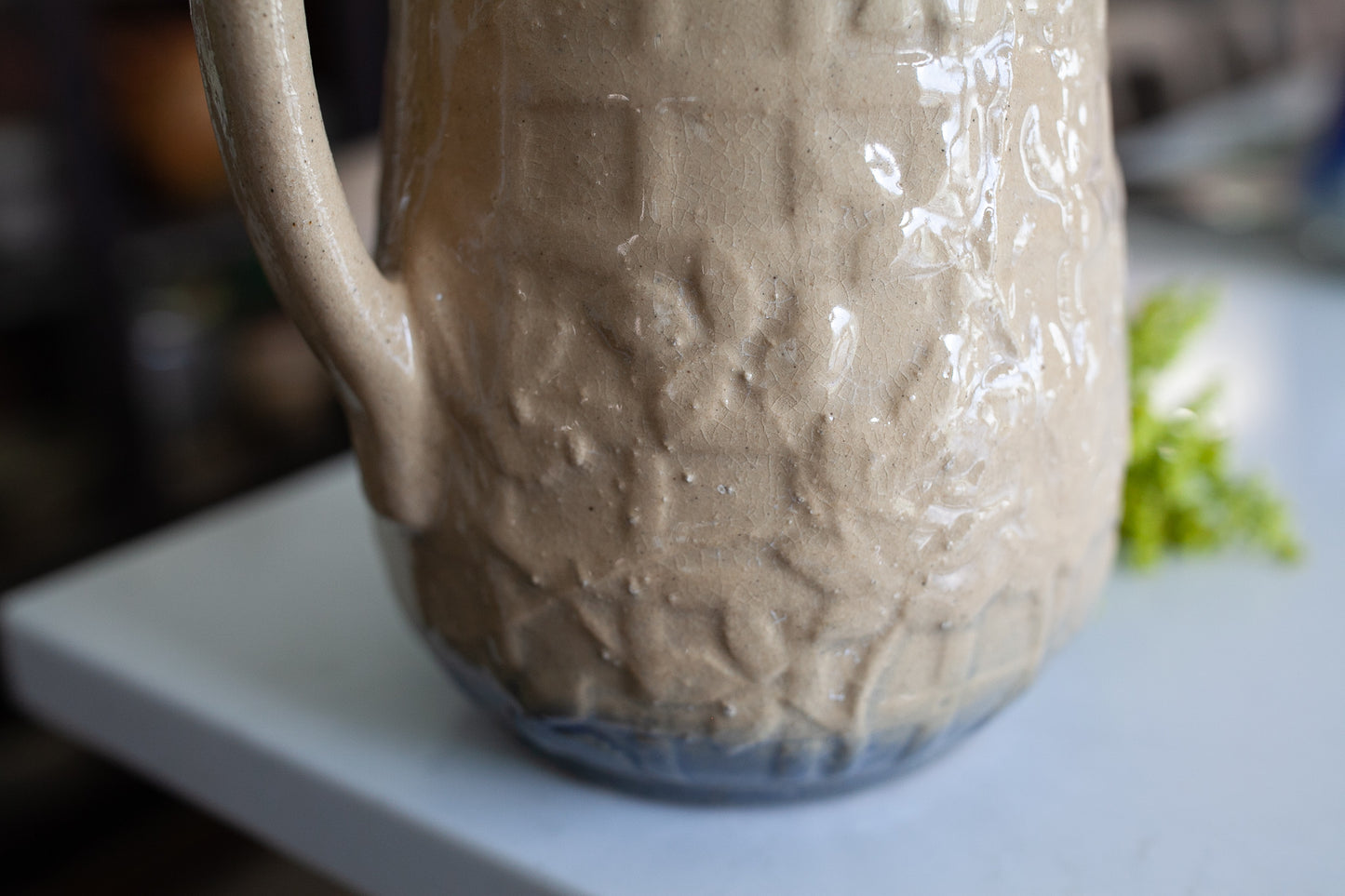 Antique Pitcher Stoneware- Blue and beige Trellis and Flower