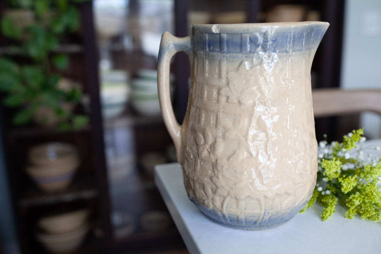 Antique Pitcher Stoneware- Blue and beige Trellis and Flower